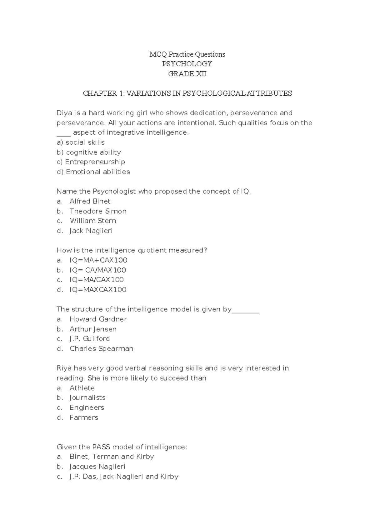 740582070 MCQ Practice Questions for Psychology - Grade XII - Studocu