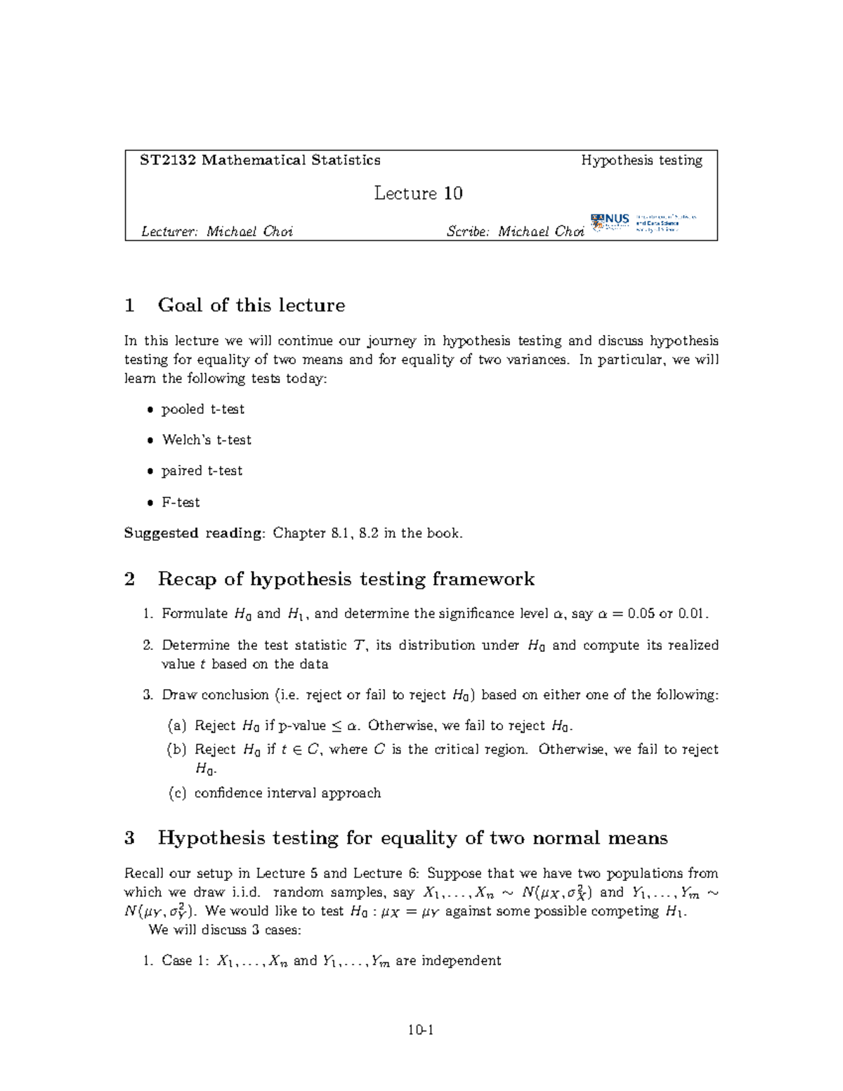 ST2132 Mathematical Statistics Hypothesis Testing Lecture 10 Notes ...