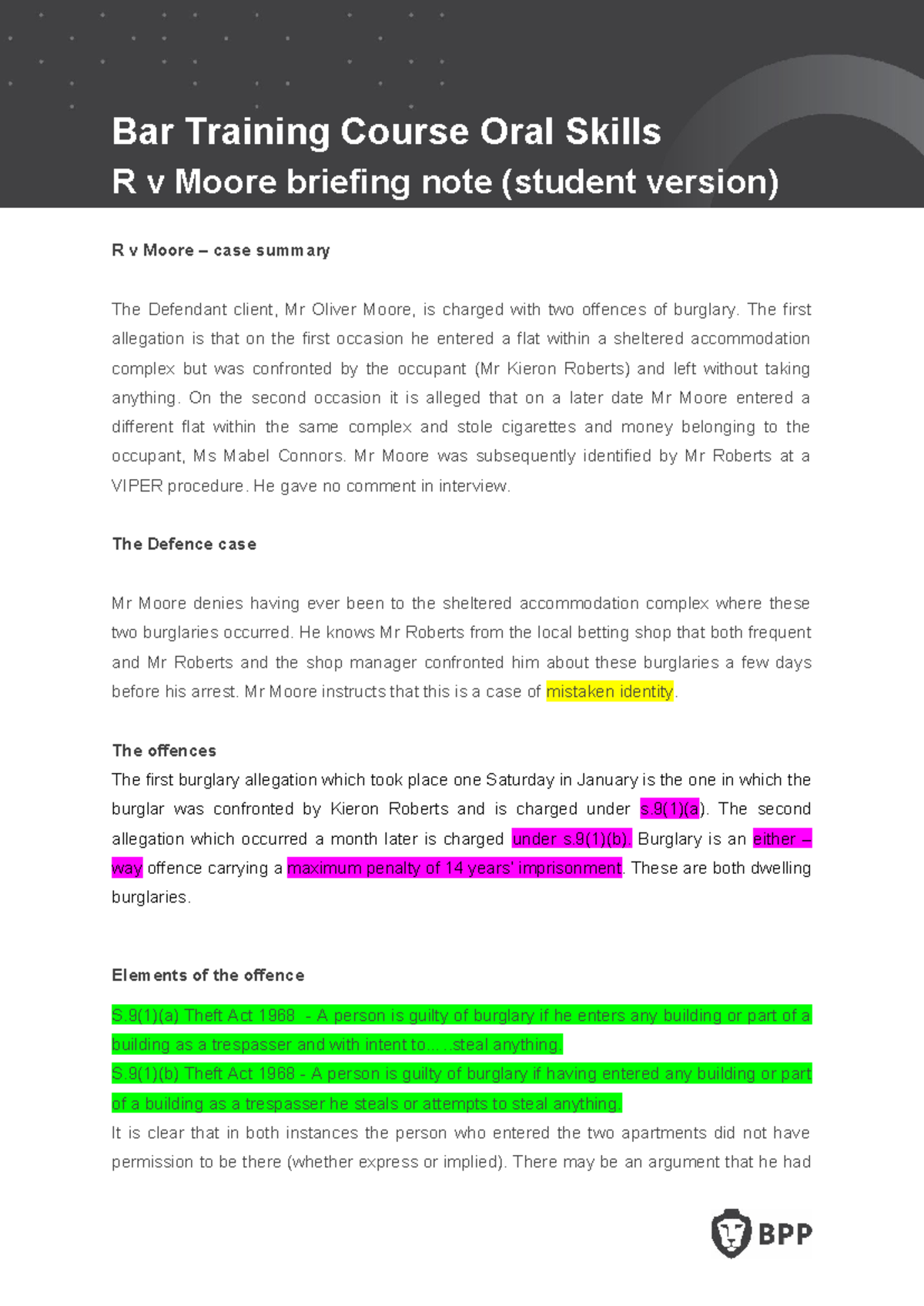 R v Moore Case Briefing Note - Bar Training Course Overview - Studocu