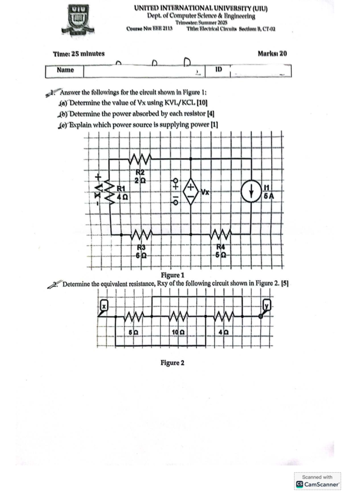EC 2113 - Summer 2025 Classtest Questions on Electrical Circuits - Studocu