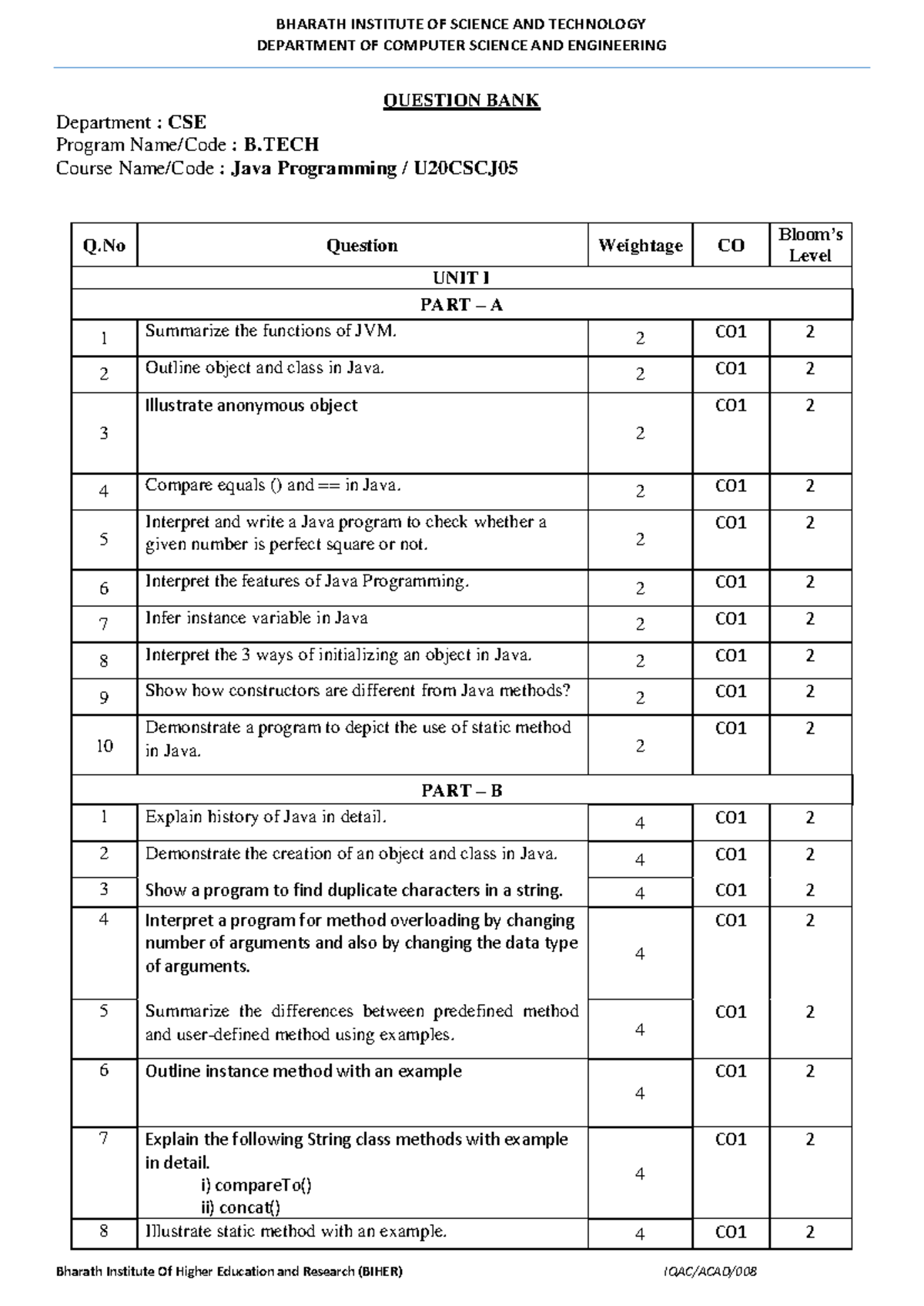 Java Programming U20CSCJ05 Question Bank - All Units Overview - Studocu