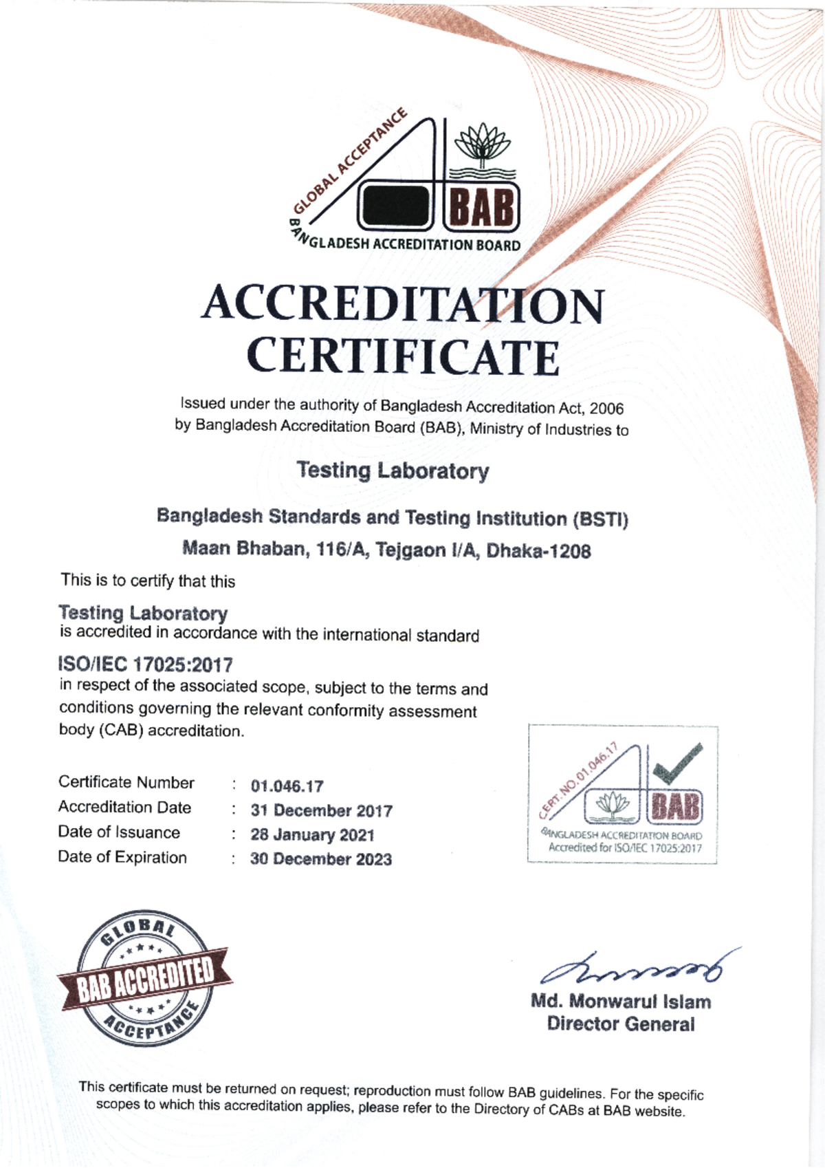 Scope BSTI testing - Accept this - BANGLADESH ACCREDITATION BOARD (BAB ...