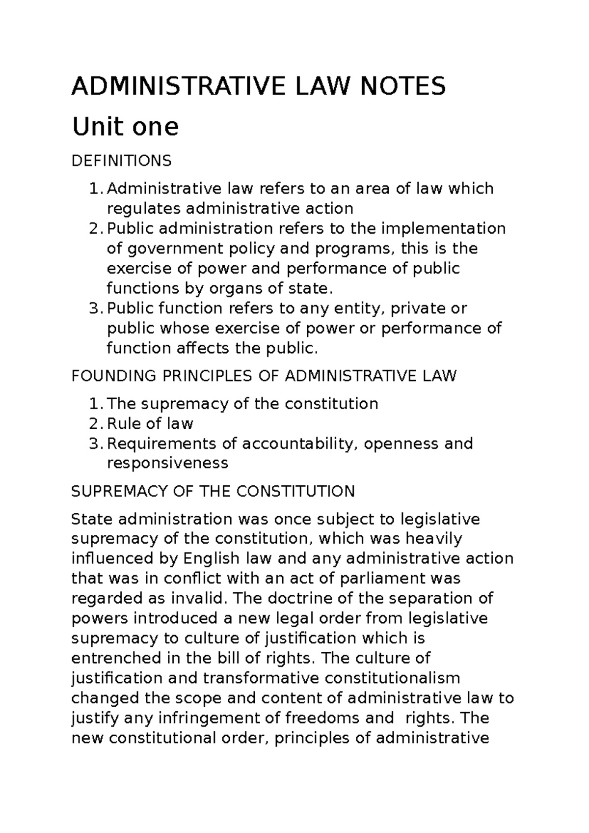 ADMINISTRATIVE LAW NOTES: Key Concepts and Principles - Studocu