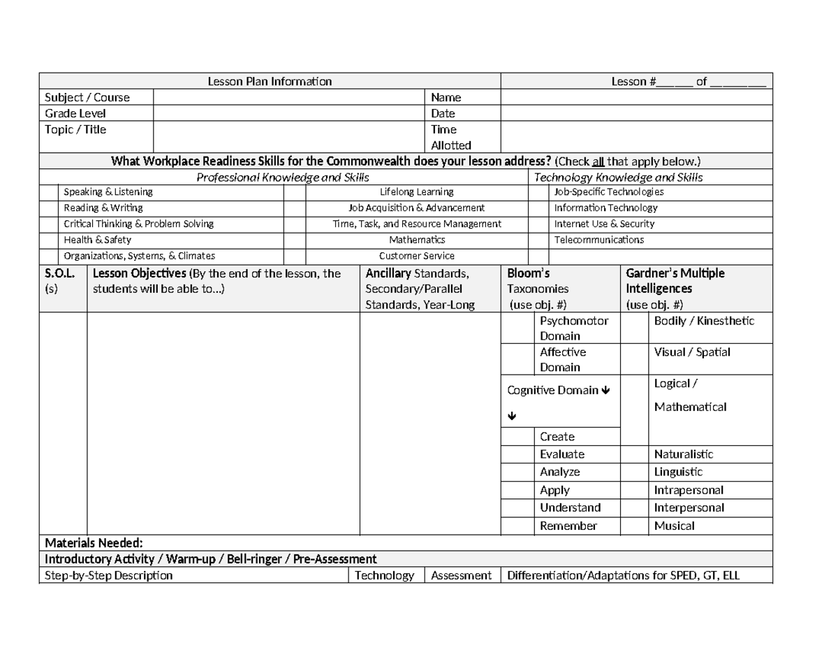 Lesson Plan Template for Teaching Strategies and Skills - Studocu