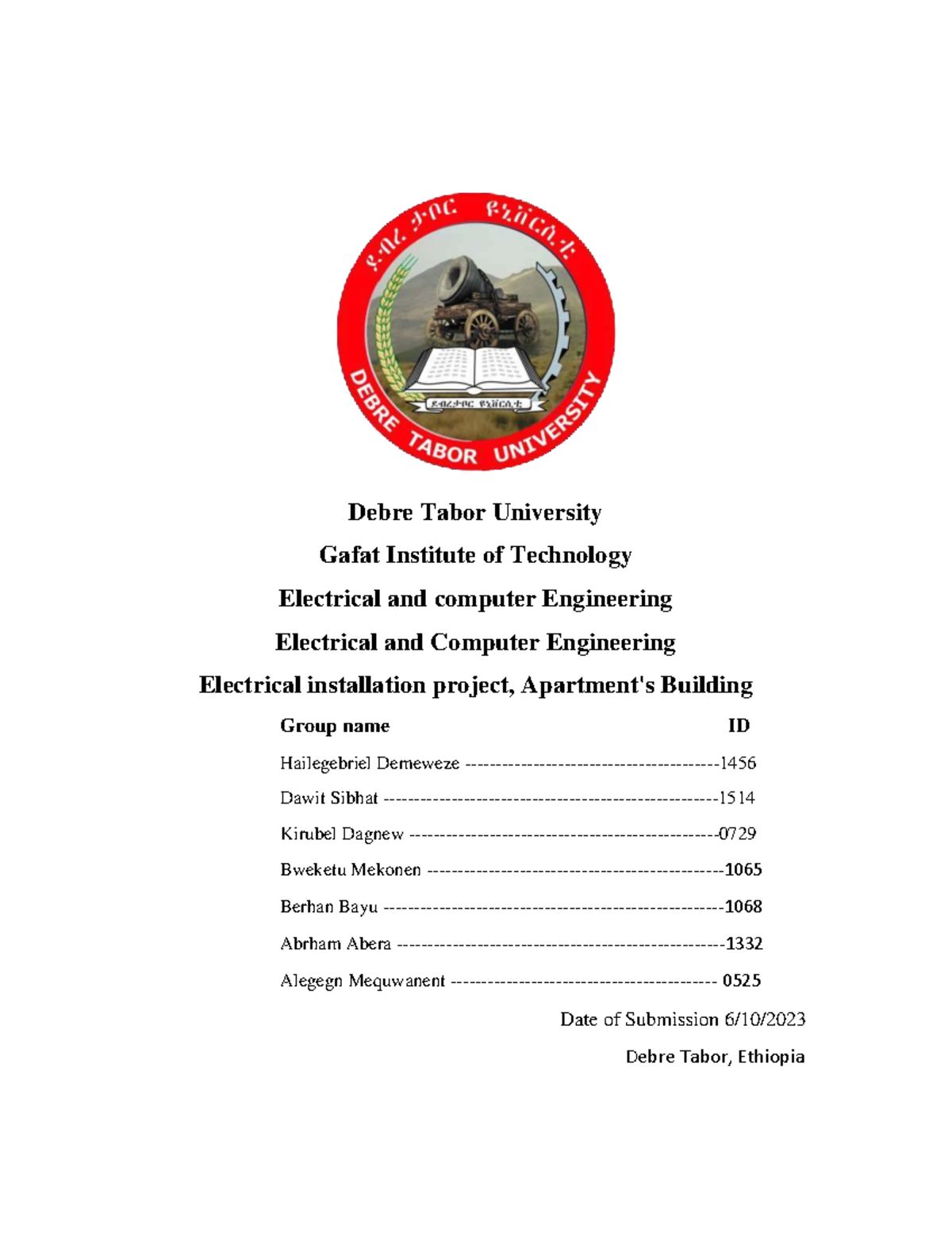 Electrical Installation Project Report for ECE 0525 at Debre Tabor ...