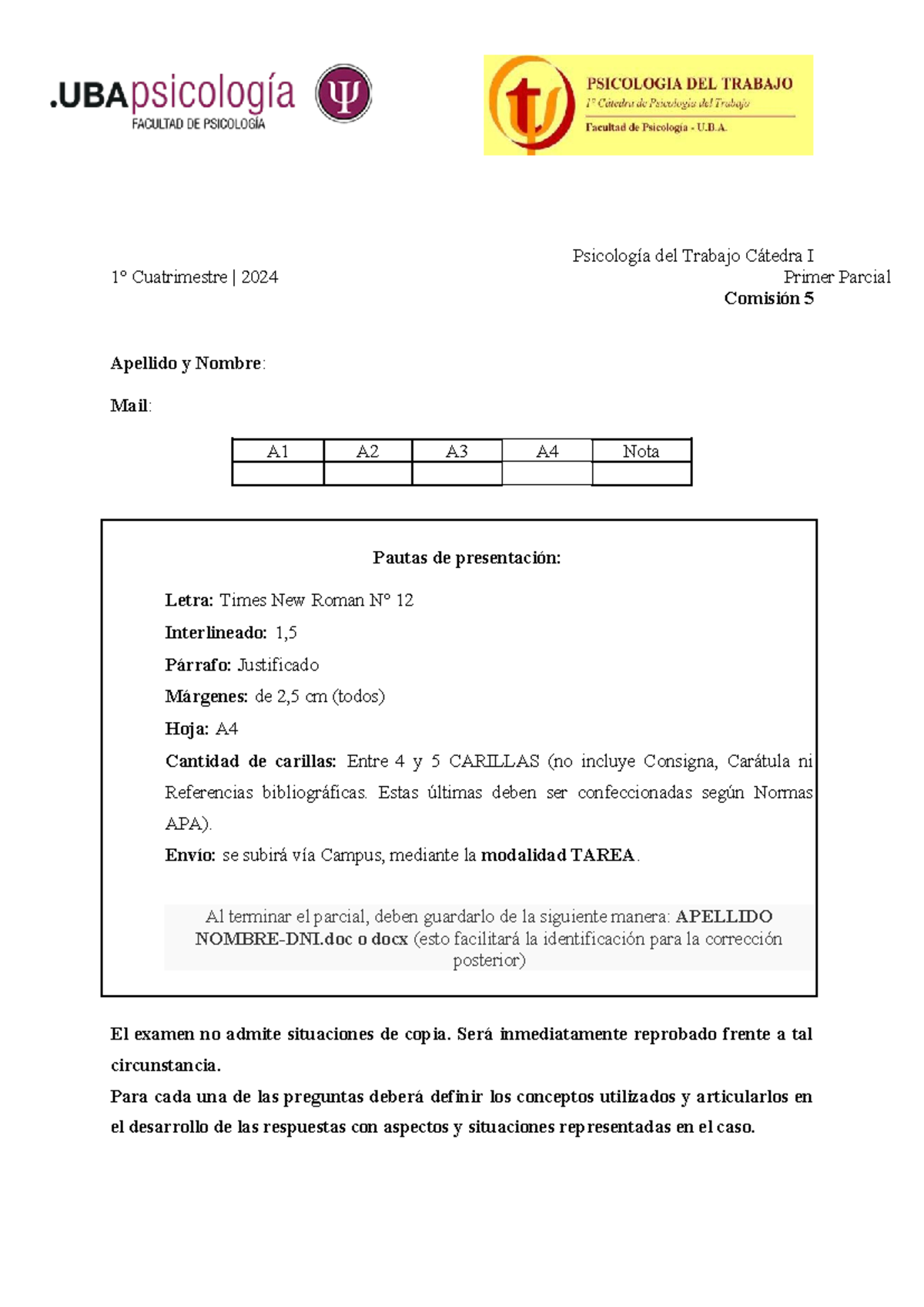 Psicología del Trabajo - Primer Parcial Cátedra I | 1° Cuatrimestre 2024 - Document Preview