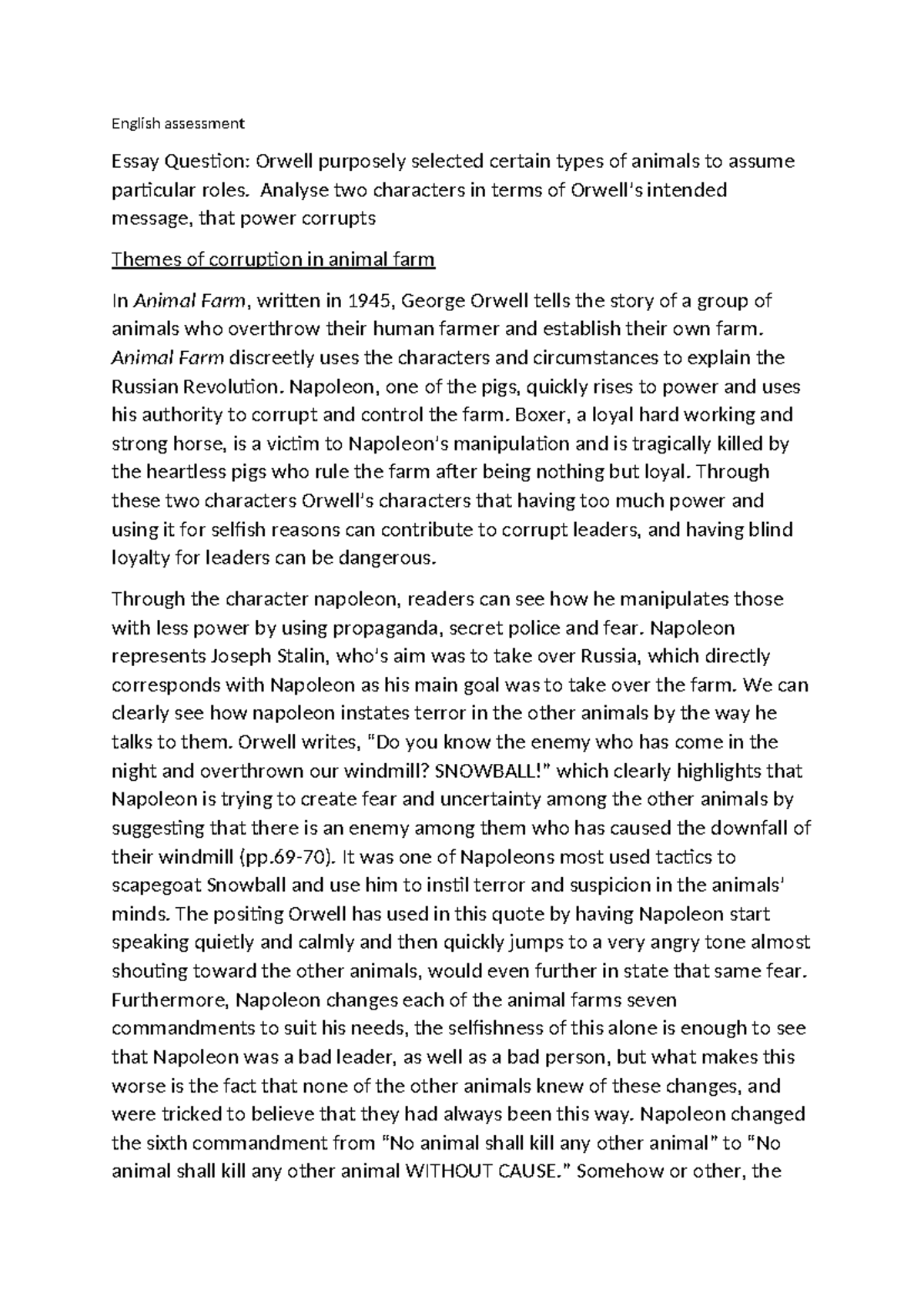 ENG 101 - Animal Farm Analysis: Power Corruption & Blind Loyalty - Studocu