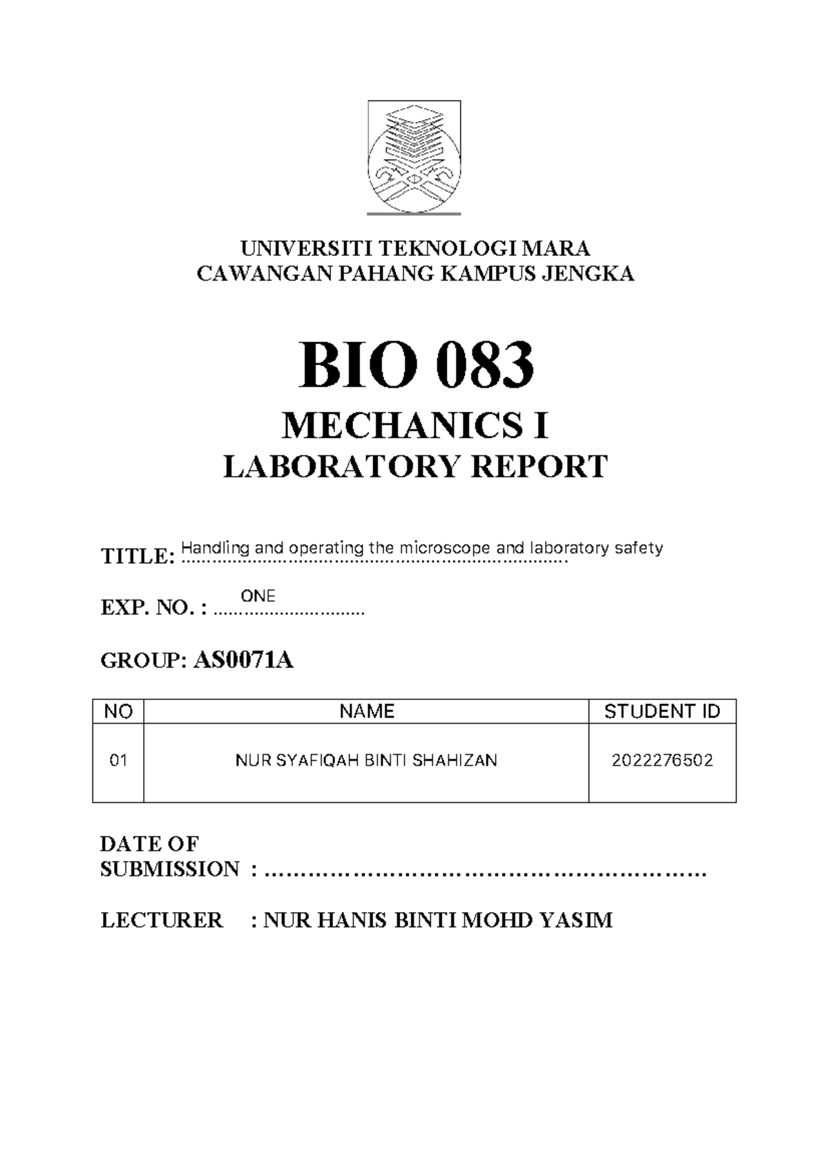 Practical 1: Microscope Handling, Operation & Safety - BIO 083 Lab ...