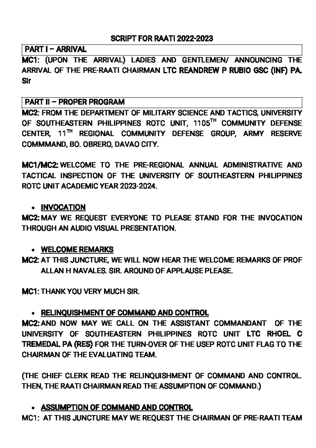 PRE RAATI SCRIPT 2023: Annual Admin & Tactical Inspection Ceremony ...