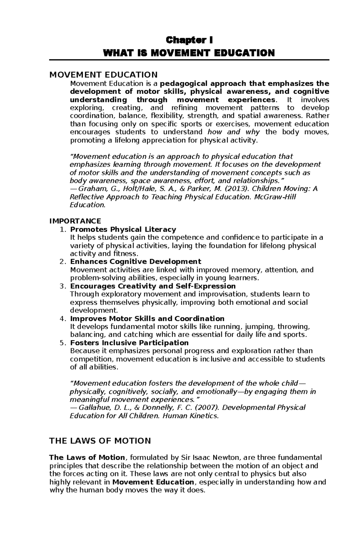 Chapter I: Understanding Movement Education and Its Principles - Studocu