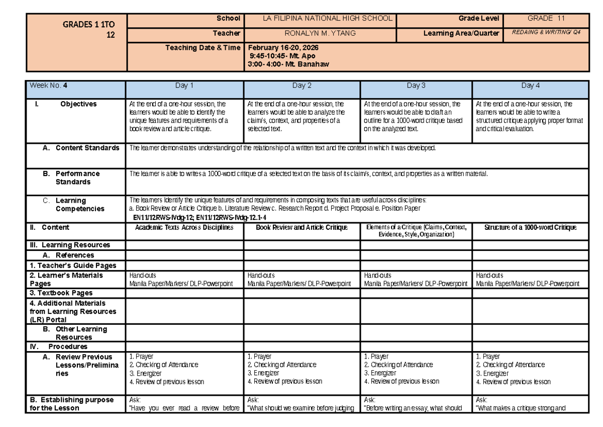 RW-W4 - Daily Lesson Plan for Book Review & Article Critique - Studocu