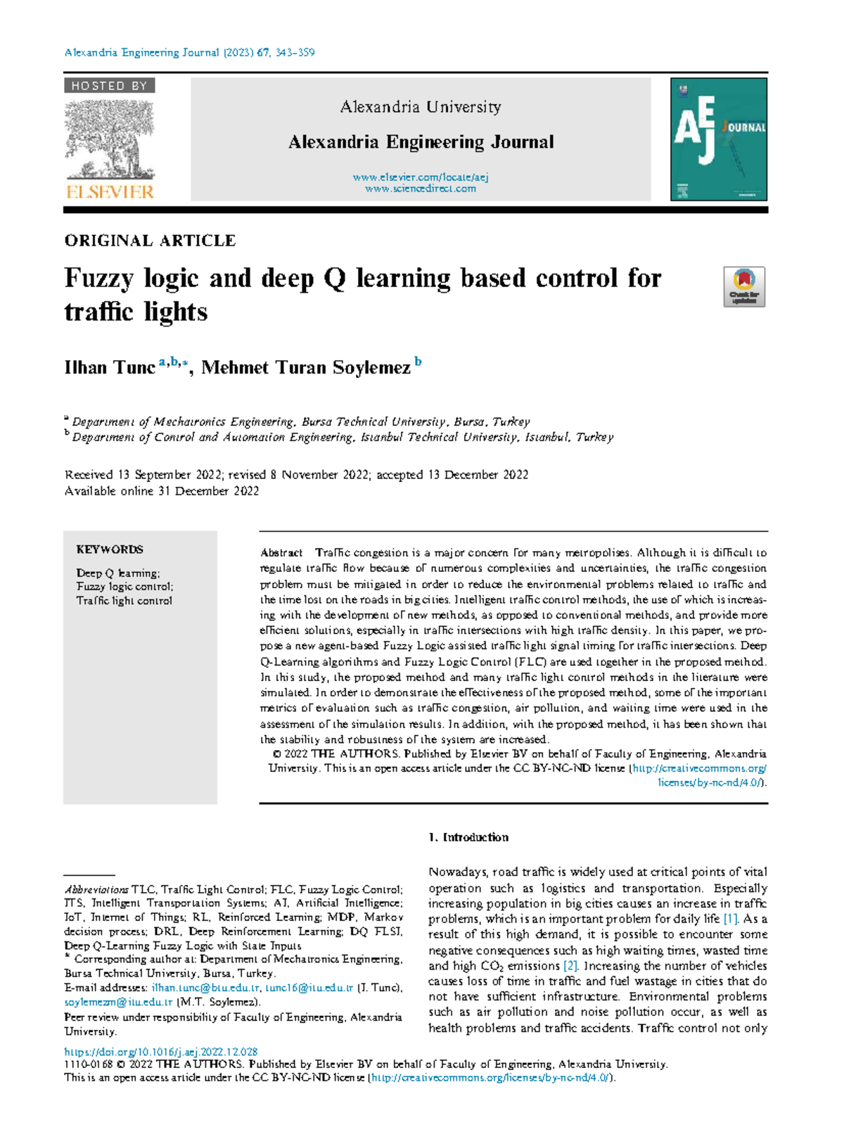 Fuzzy Logic & Deep Q Learning for Traffic Light Control (ENG 2023 ...