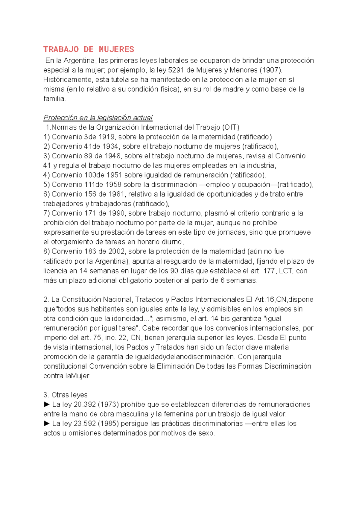 Trabajo de Mujeres y Protección Laboral en Argentina - Unidad V - Studocu