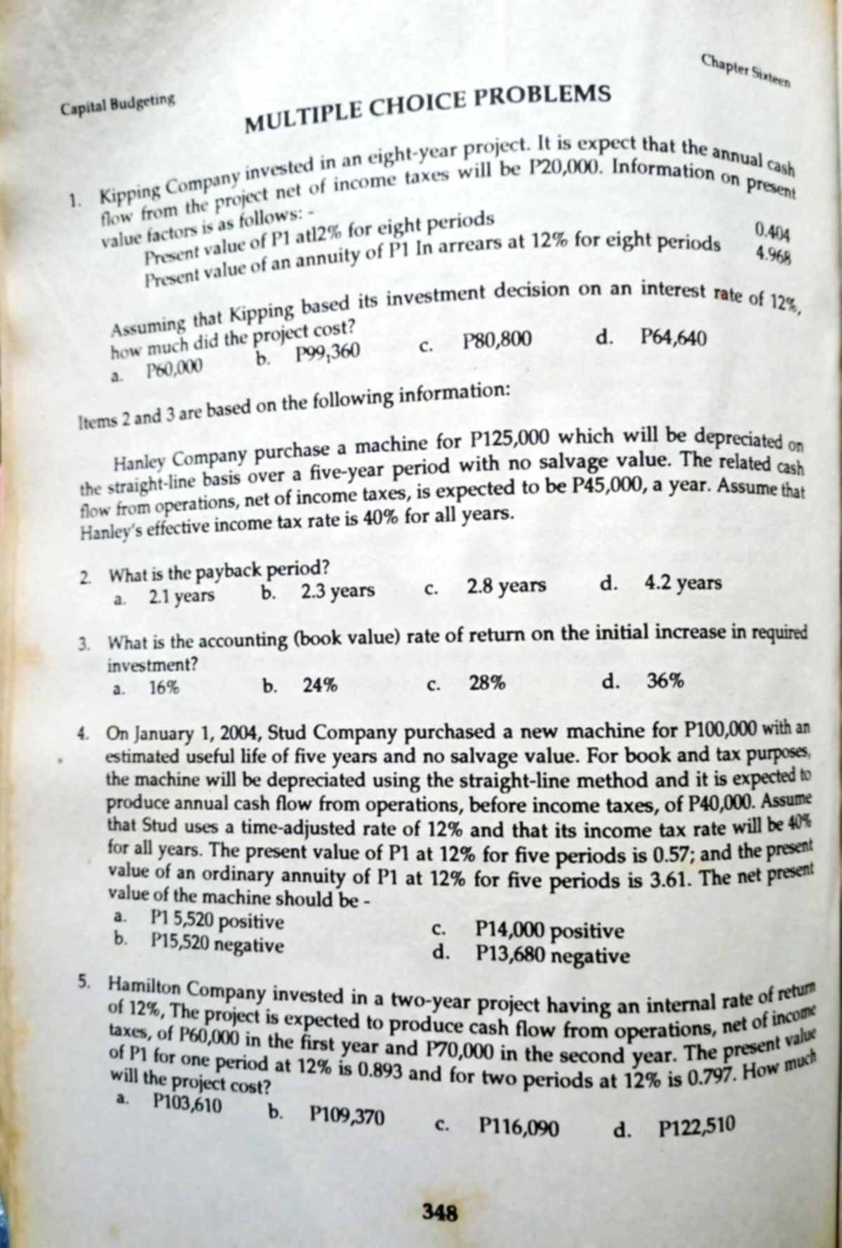 Capital Budgeting Chapter Steen: Multiple Choice Problems and Solutions ...