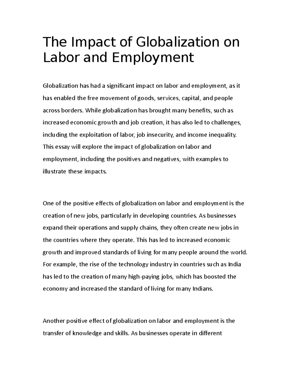 The Effects of Globalization on Labor & Employment: An Analysis - Studocu