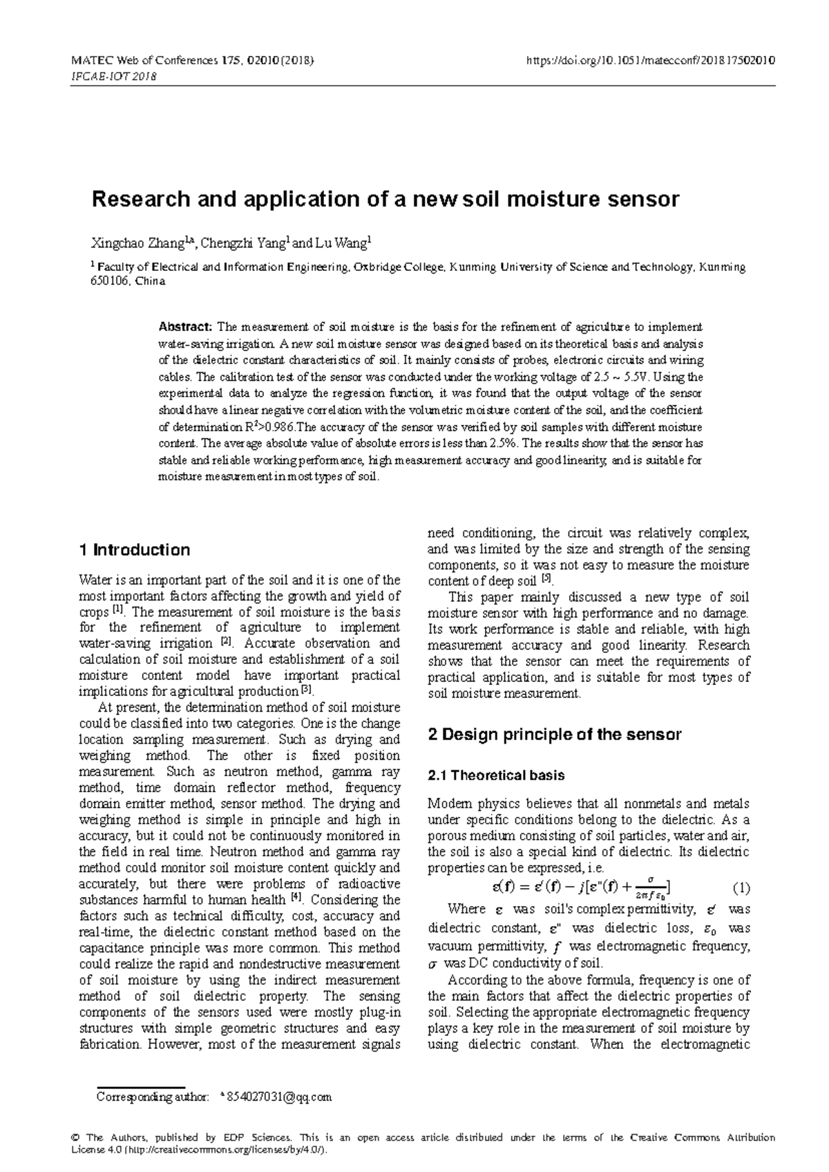 Research and Application of a New Soil Moisture Sensor (MATEC 175 ...