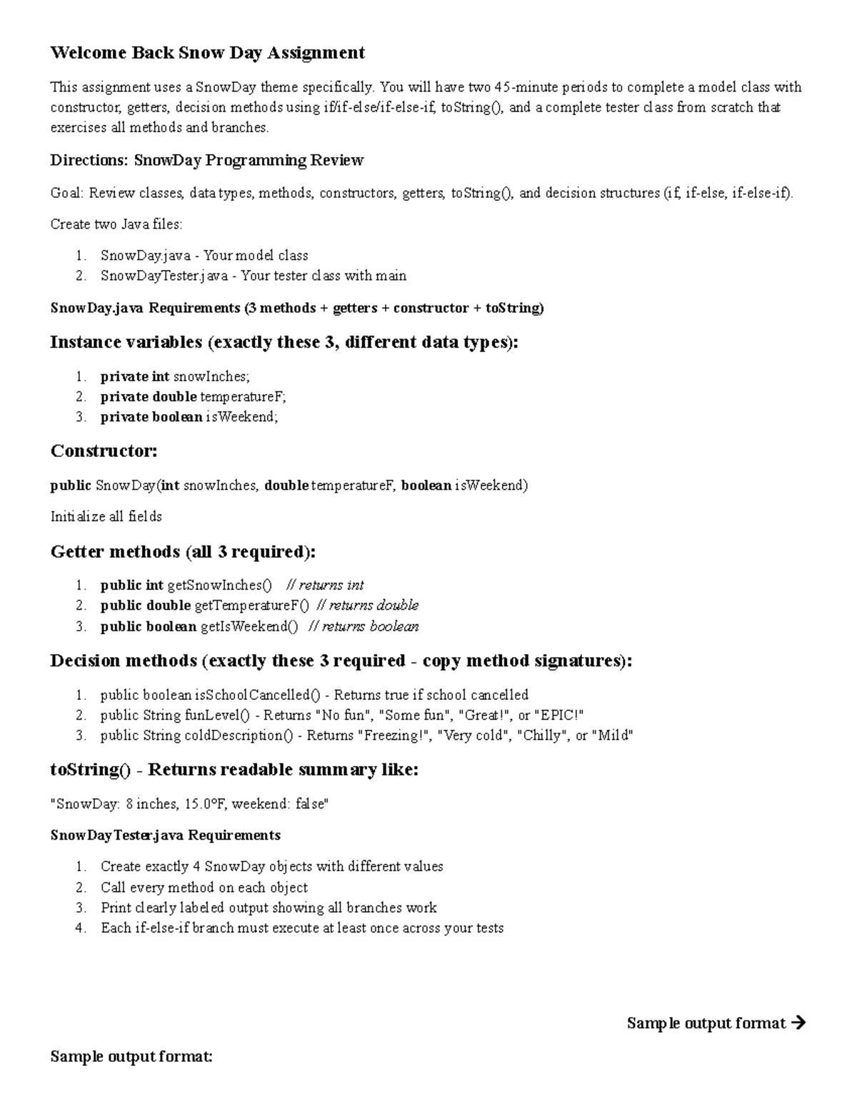 Snow Day Assignment: Java Class & Tester Creation - Studocu