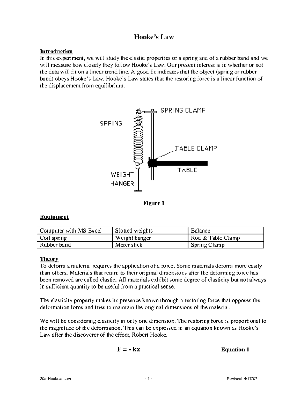 20a-Hooke's Law - Lab Report on Elastic Properties of Springs and Bands ...