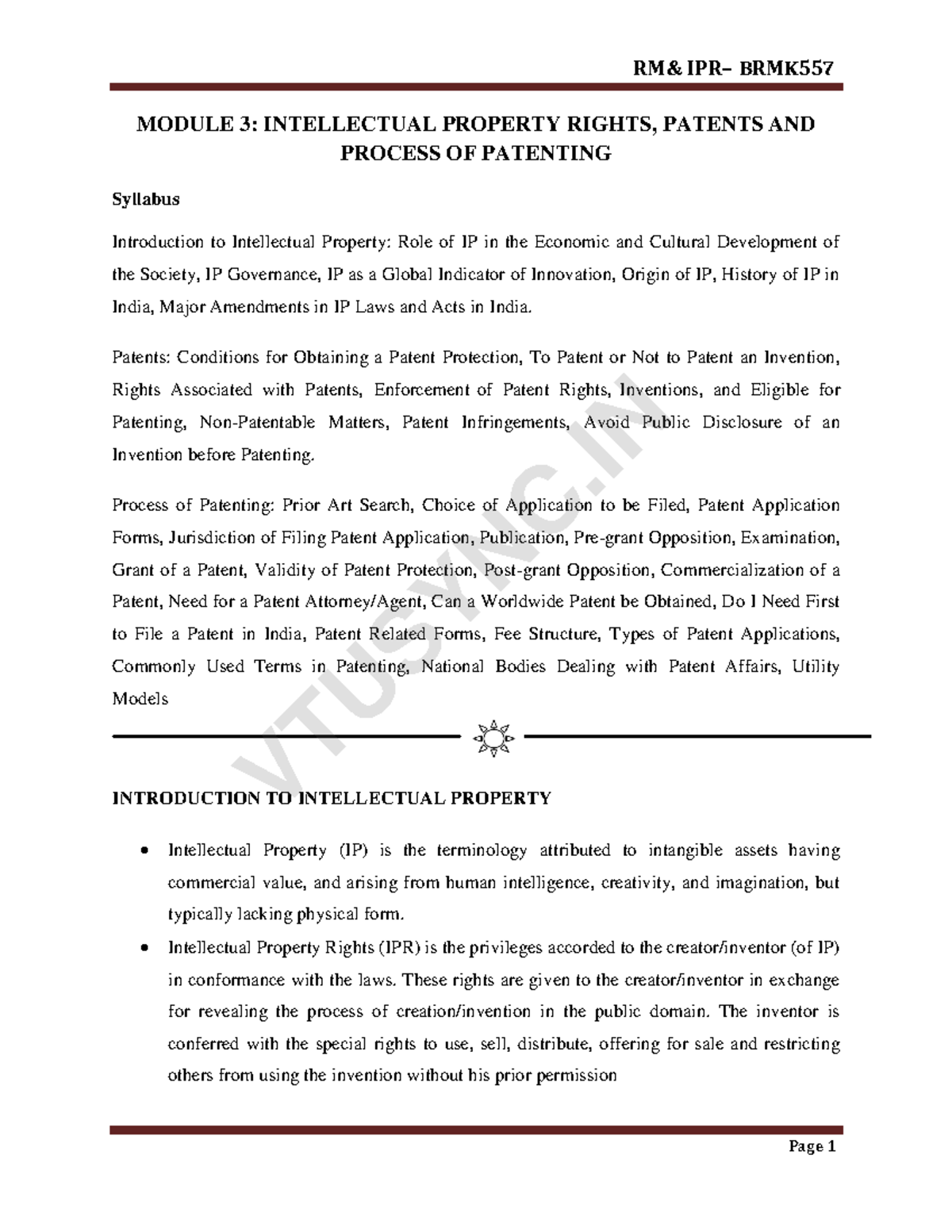 BRMK557 MODULE 3: LECTURE NOTES ON INTELLECTUAL PROPERTY RIGHTS - Studocu