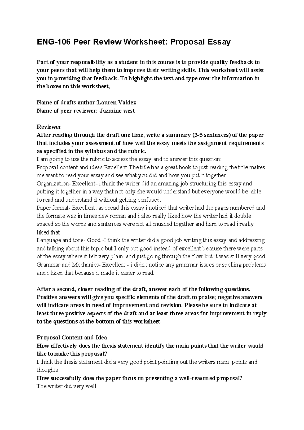 ENG 101: Peer Review Worksheet for Proposal Essay Feedback - Studocu