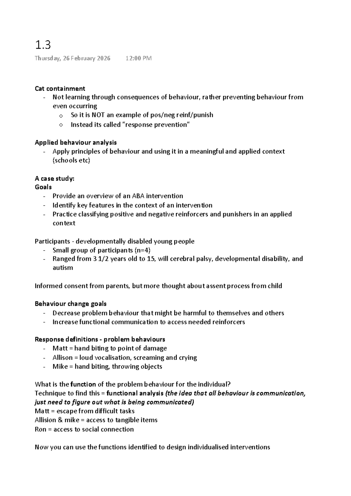 PSYC332 Lecture Notes: Applied Behavior Analysis Case Study - Studocu