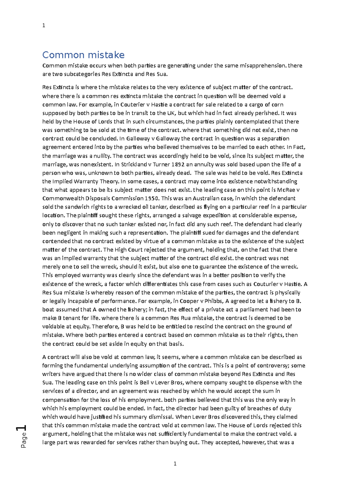 Mistake - contract law - 1 Common mistake Common mistake occurs when ...