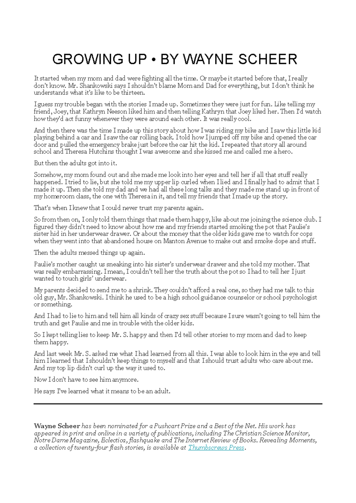 Growing up short story by Wayne Scheer - GROWING UP • BY WAYNE SCHEER ...