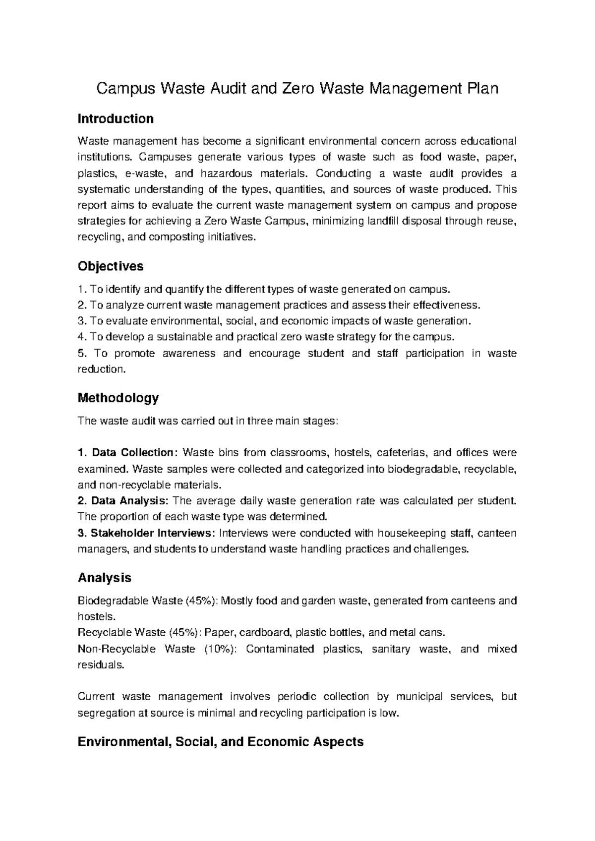 Campus Waste Audit Report: Strategies for Zero Waste Management - Studocu