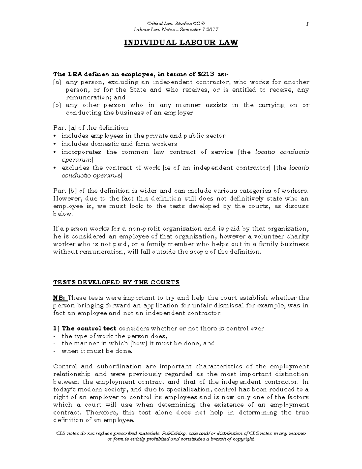 Labour Law Notes: Final Exam Review (2017) - Semester 1 - Studocu