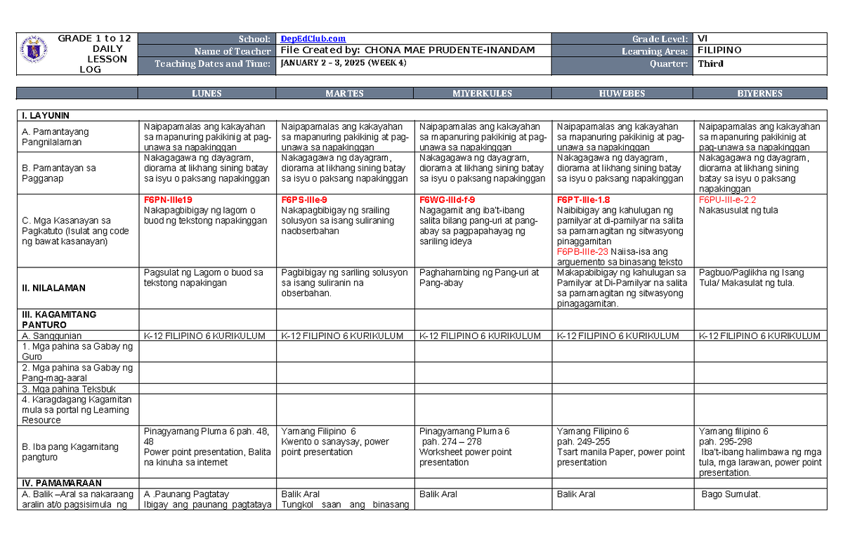 DLL Filipino 6 Q3 W4 (1) jan. 2-3 - GRADE 1 to 12 DAILY LESSON LOG ...
