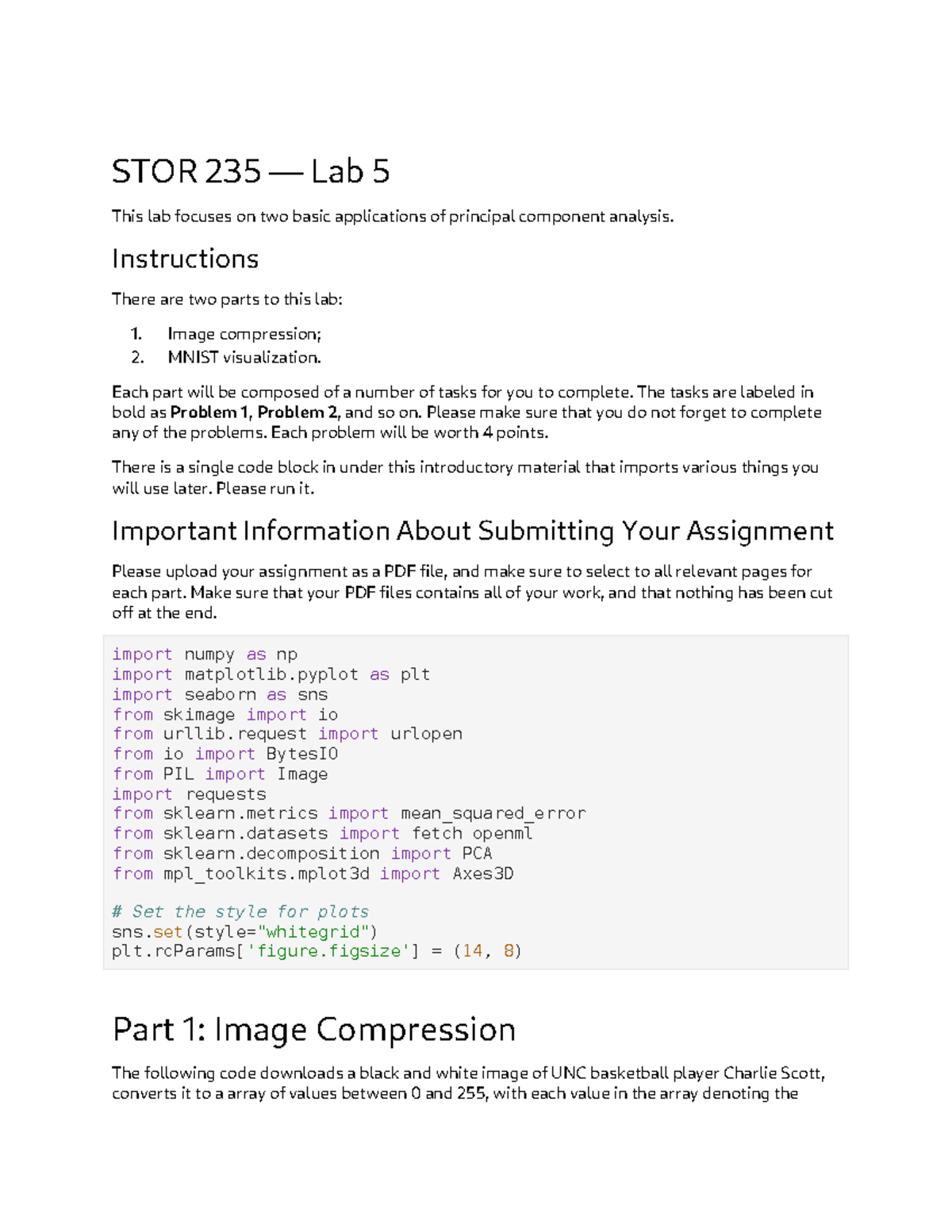 STOR 235 Lab 5: Principal Component Analysis Applications and MNIST ...