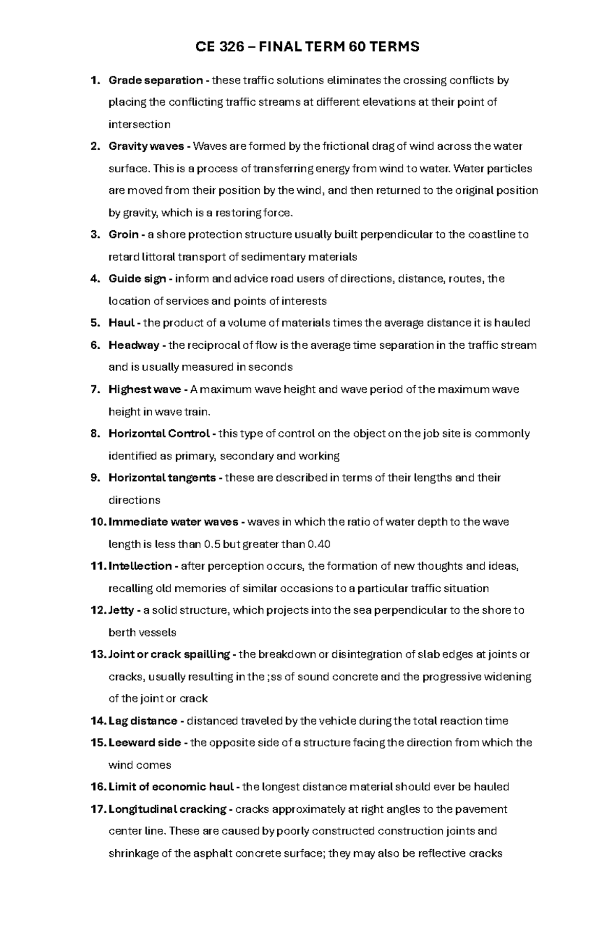 CE 326 FINAL TERM: 60 Key Terms for Traffic Solutions - Studocu