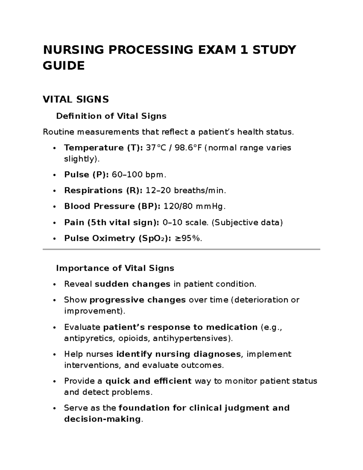 NURSING PROCESSING NURS 101 EXAM 1 WEEK 2 STUDY GUIDE ON VITAL SIGNS ...