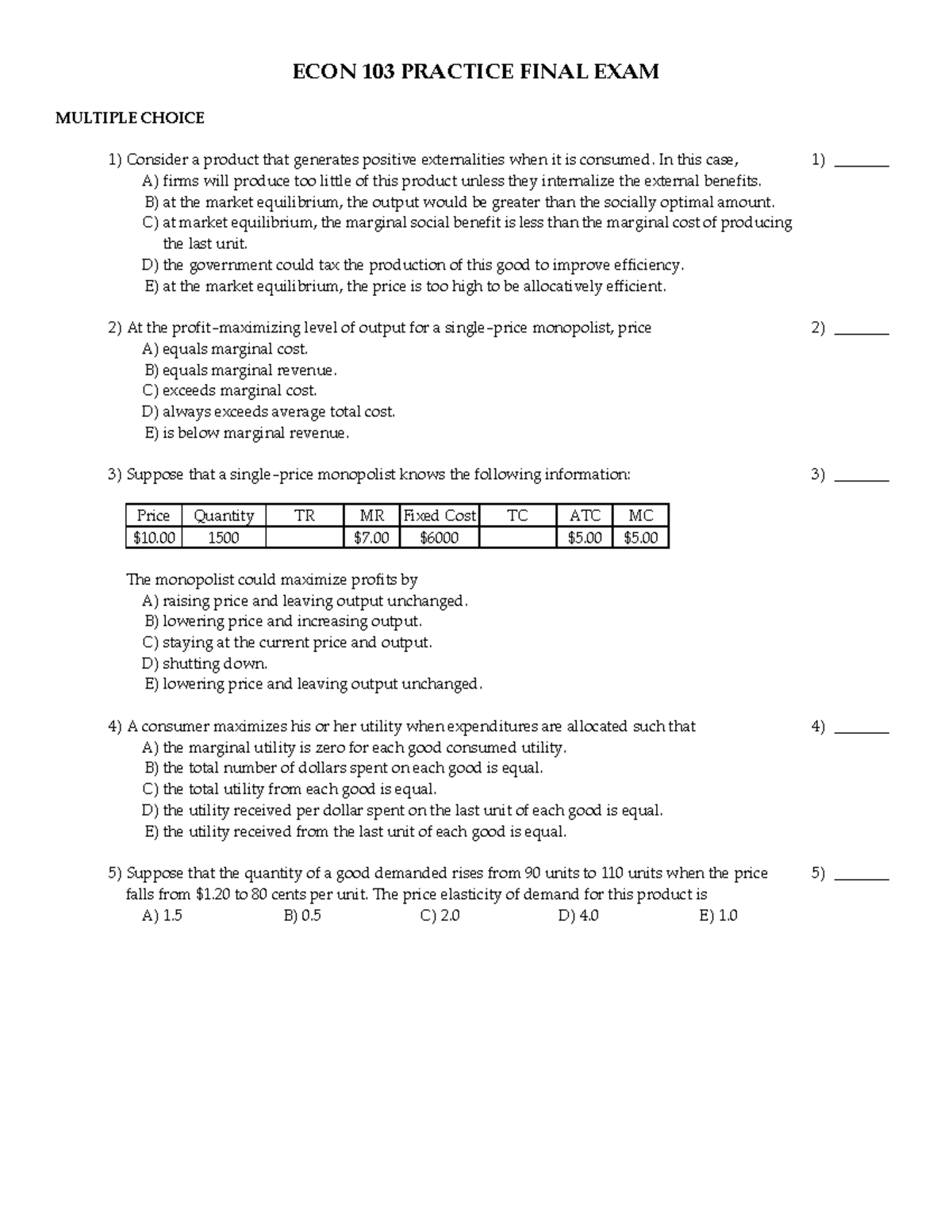 ECON 103 Practice Final Exam Review Questions and Answers - Studocu
