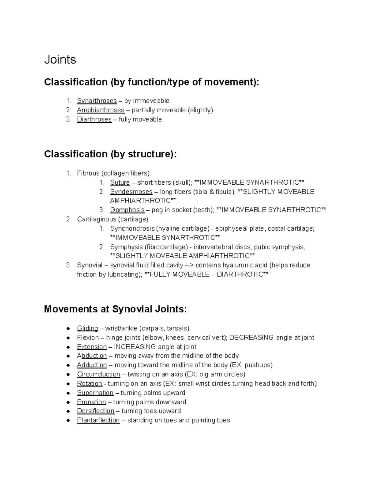 Joints (BIO101) - Key Exam Notes on Classification & Movements - Studocu