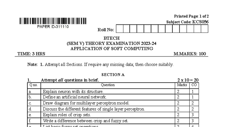 KCS056 BTECH V Sem Theory Exam Notes: Application of Soft Computing ...