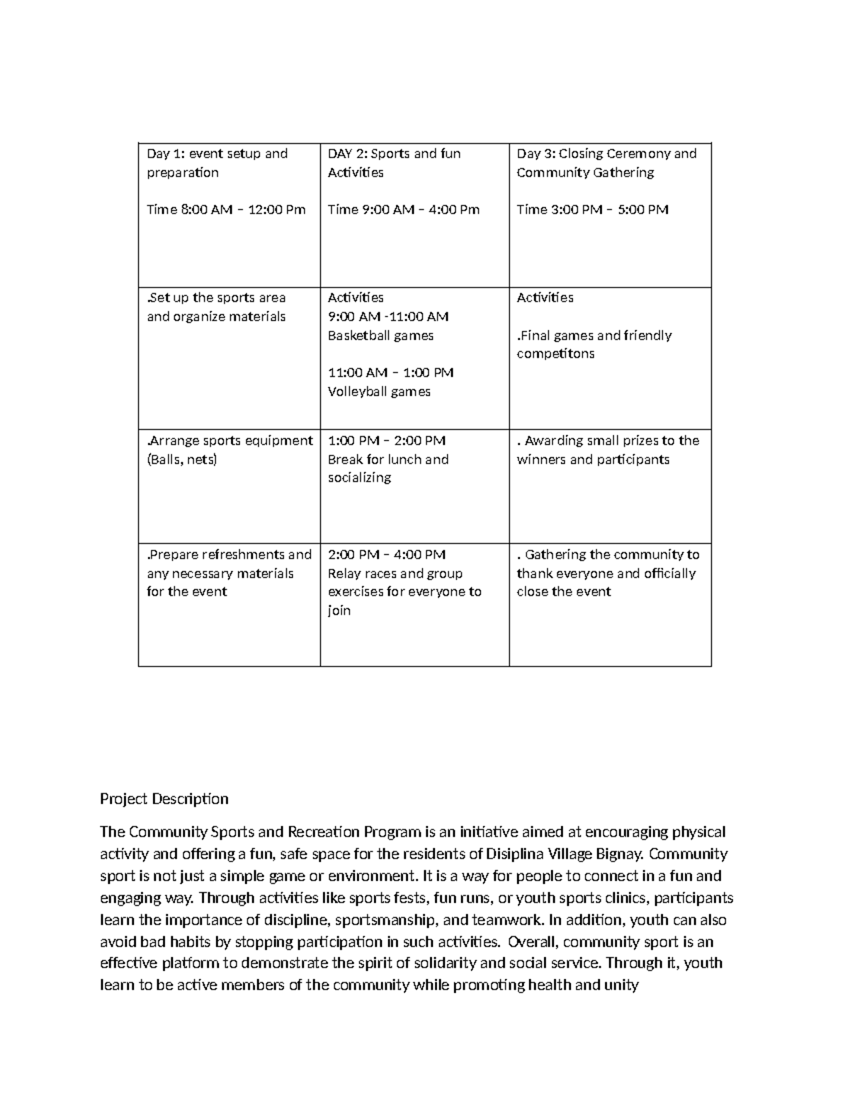 Community Sports & Recreation Program Overview (Day 1-3) - Studocu