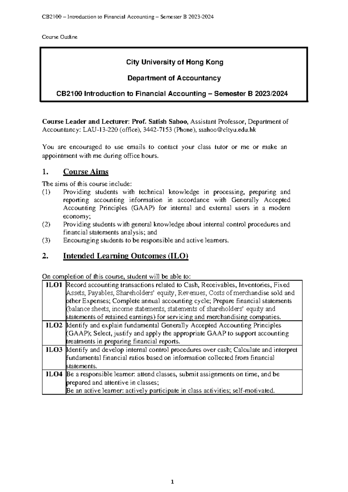 CB2100 Course Outline: Introduction to Financial Accounting (2023/2024 ...