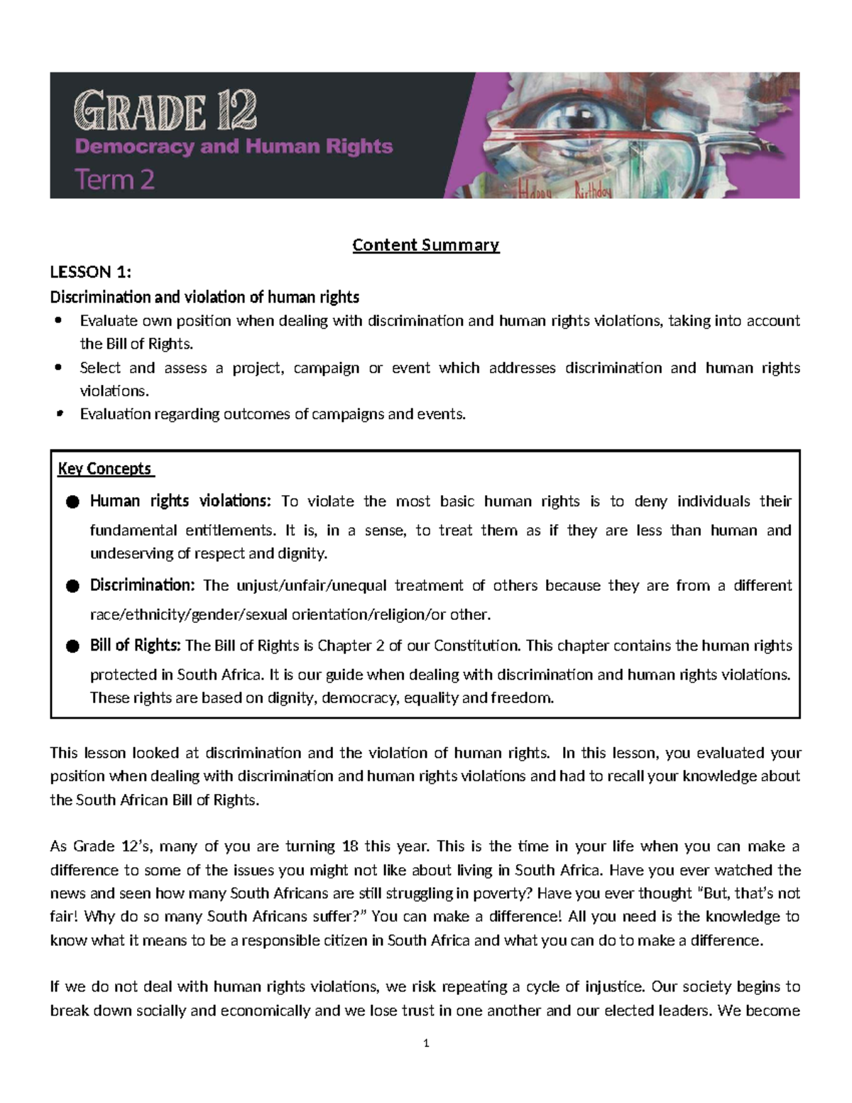 Grade 12 Term 2 Content Summary: Discrimination, Human Rights & Media ...