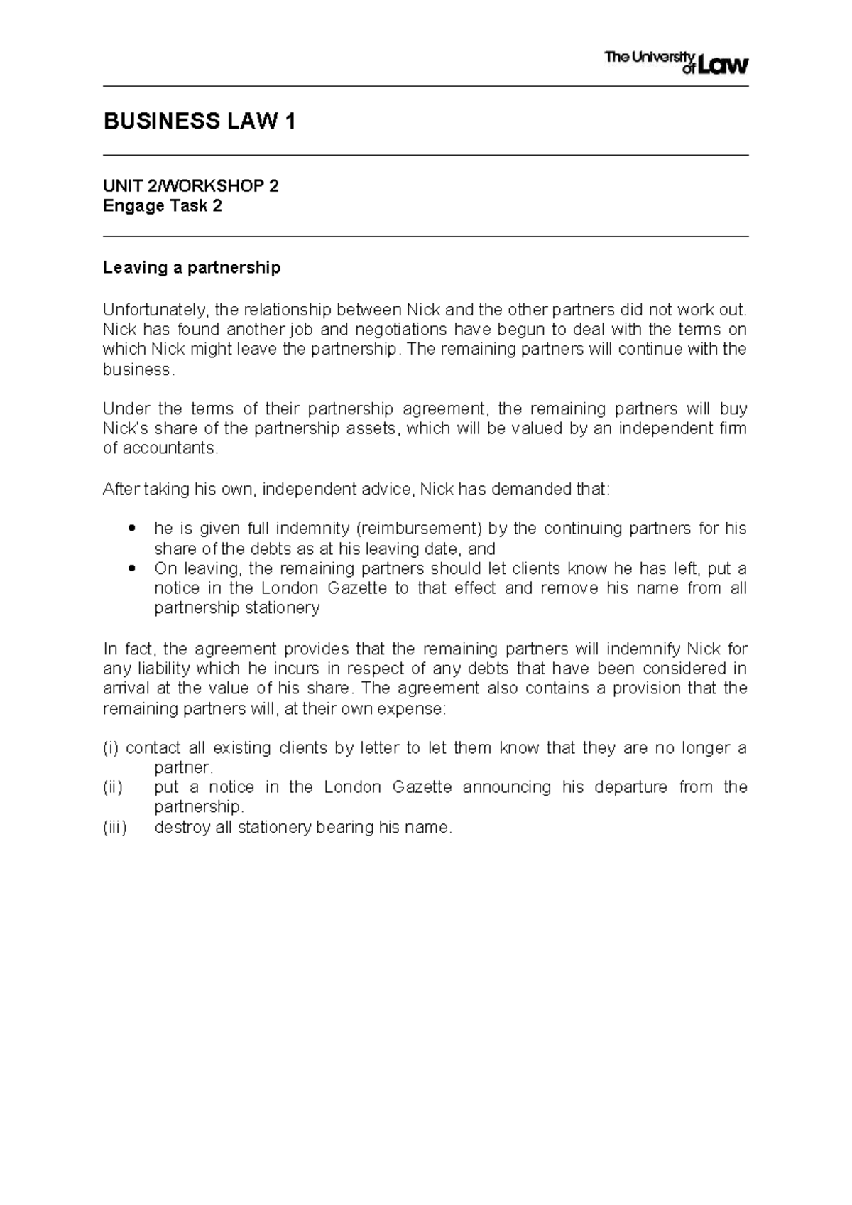BUSINESS LAW 1 UNIT 2 Workshop Task 2: Leaving a Partnership - Studocu