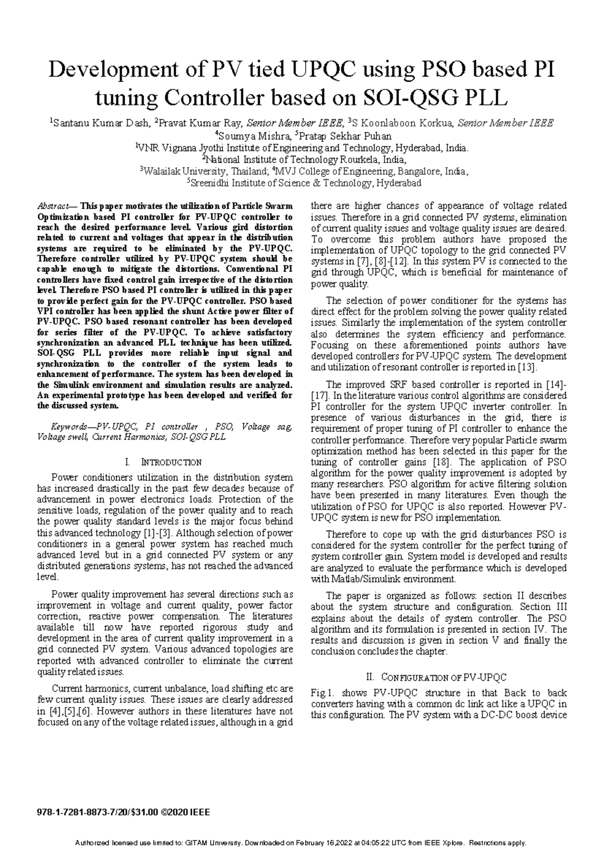 4.Development of PV tied UPQC using PSO based PI tuning Controller ...