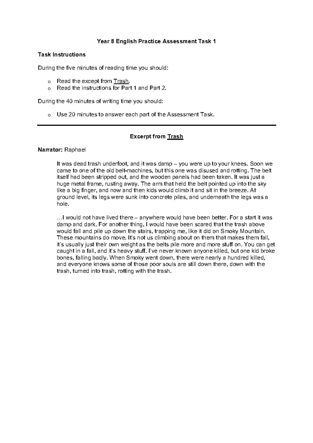 Year 8 English practice assessment task 1 and 2 instructions - Studocu