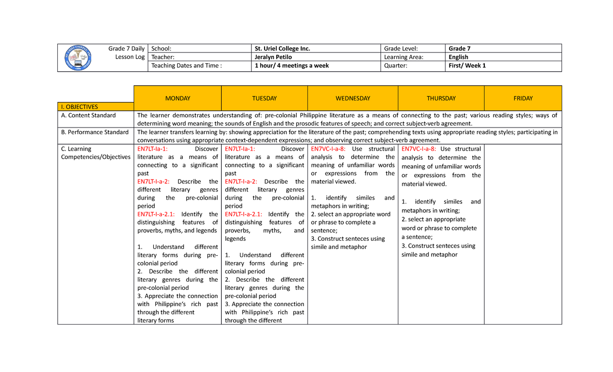 Week 1 English 7 Daily Lesson Log (DLL 062405) - Objectives ...