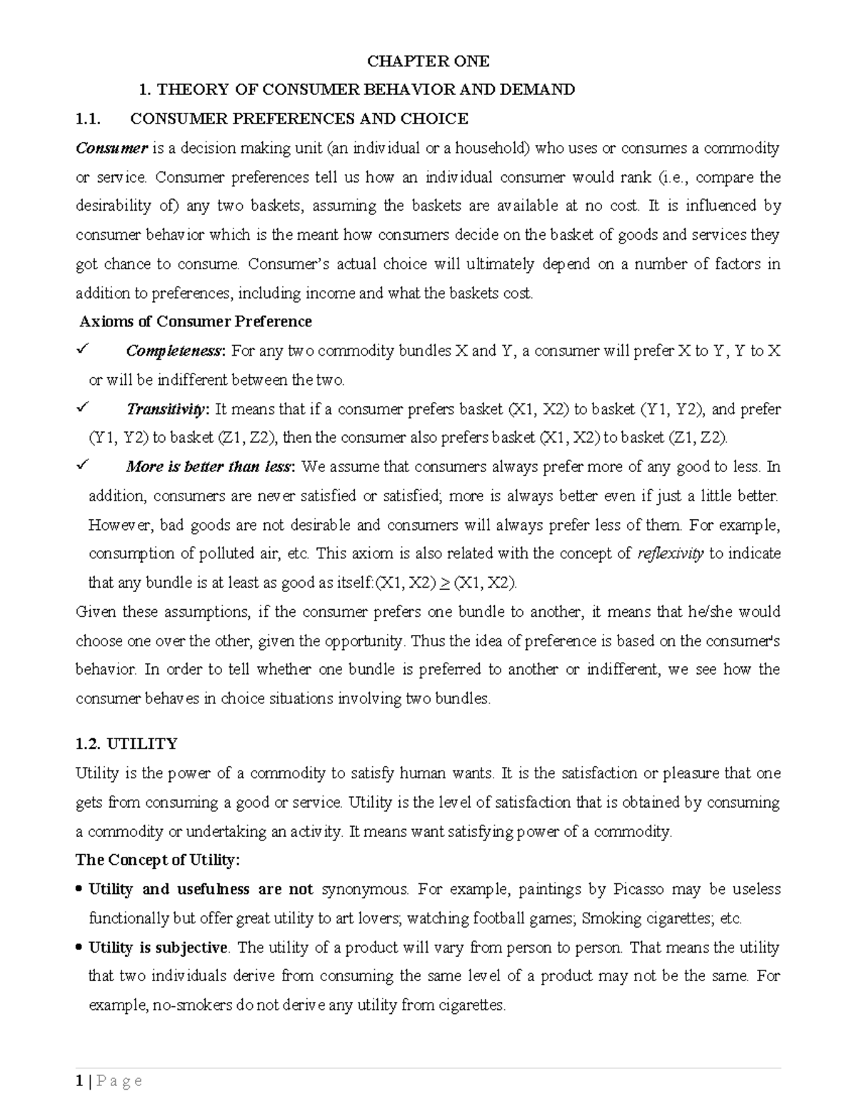 MI-I Chapter 1: Theory of Consumer Behavior and Demand Analysis - Studocu