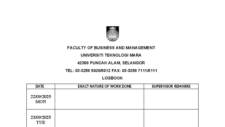 Logbook Pelajar - FACULTY OF BUSINESS AND MANAGEMENT UNIVERSITI ...