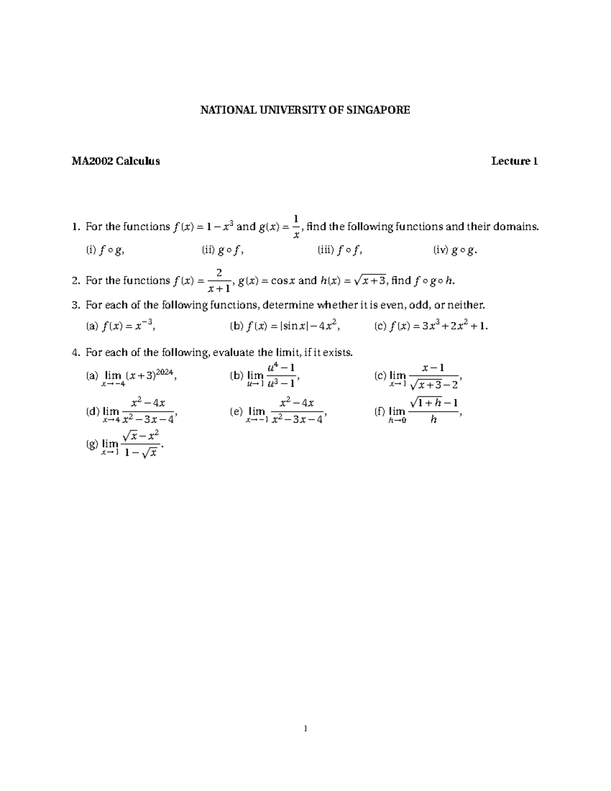 MA2002 Exercise 1 - NATIONAL UNIVERSITY OF SINGAPORE MA2002 Calculus ...