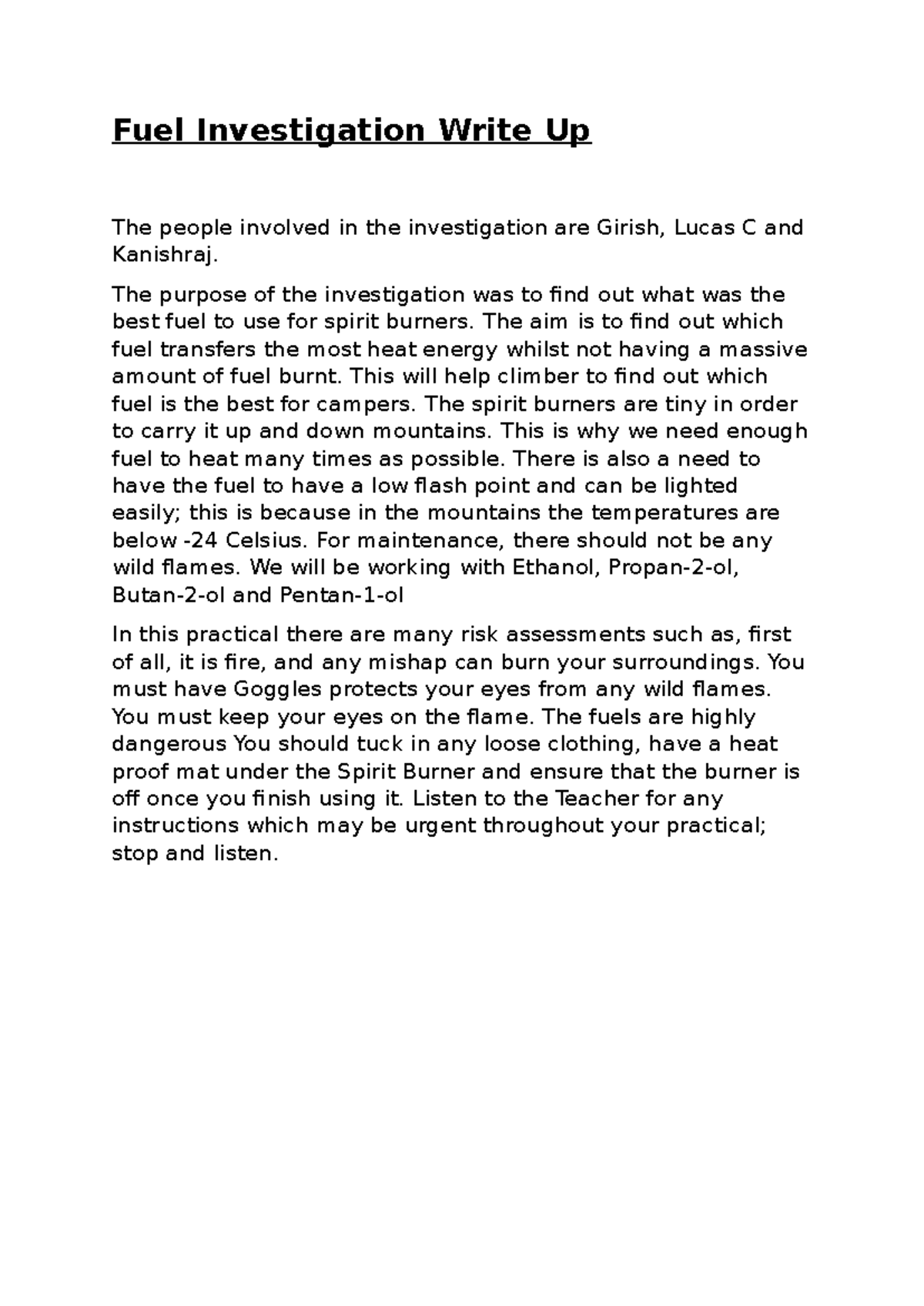 Fuel Investigation Write-Up: Best Spirit Burner Fuels Analysis - Studocu