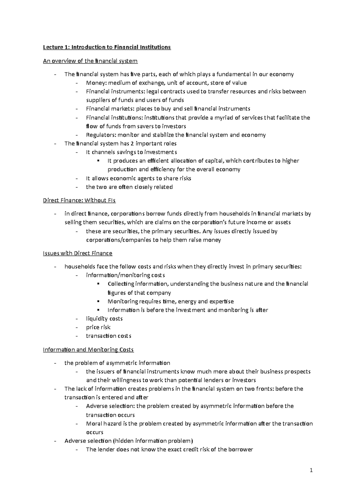 BFM 101 Lecture Notes: Introduction to Financial Institutions - Studocu