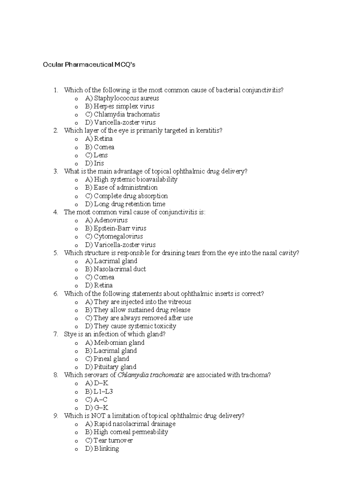 Ocular Pharmaceutical MCQ Review for Exam Preparation - Studocu