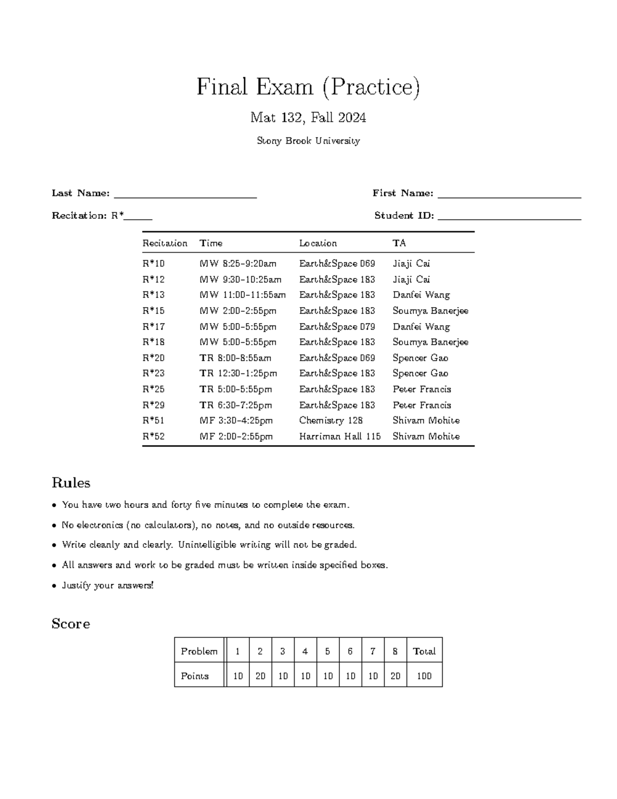 Final Exam (Practice) Mat 132, Fall 2024 - Study Guide - Studocu